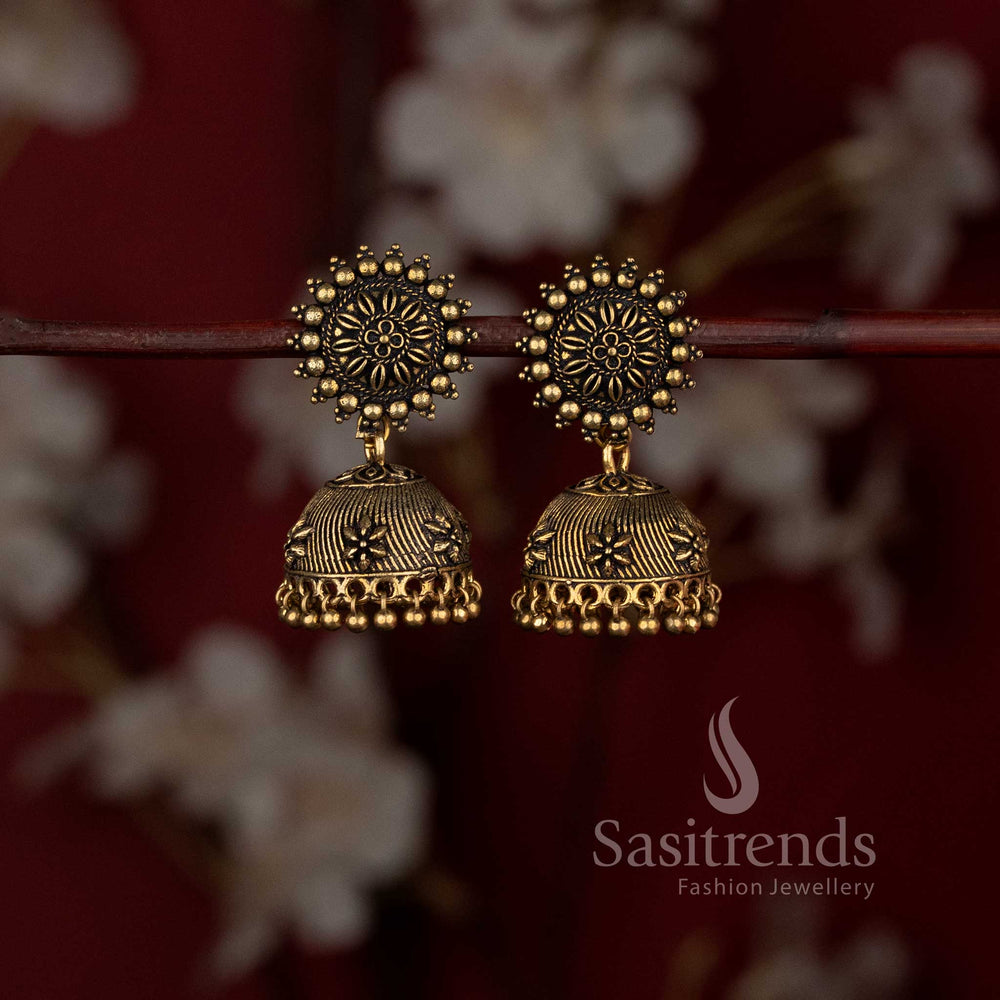 Traditional tribal style oxidised sunburst stud jhumka earrings with ghungroo drops - Sasitrends