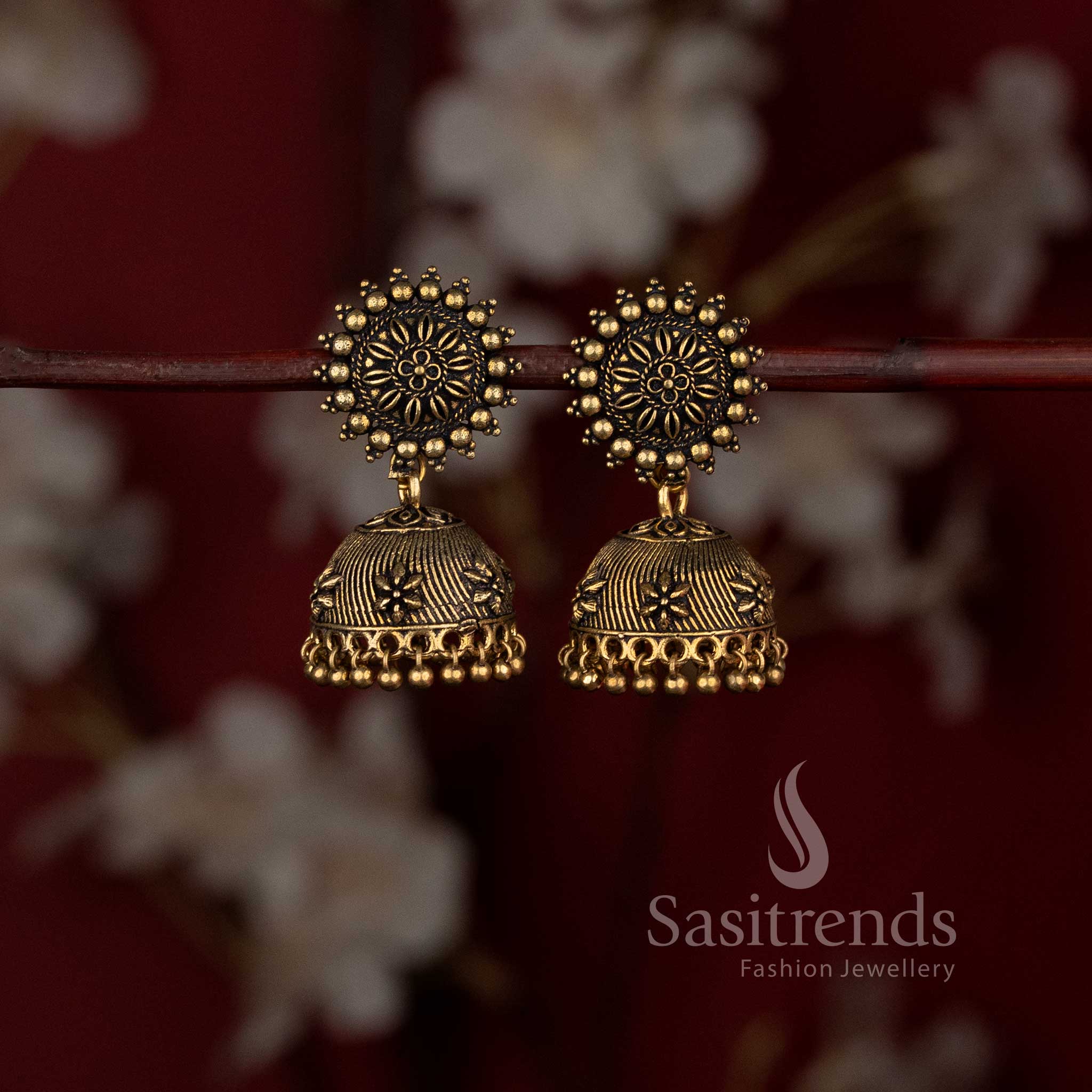 Traditional tribal style oxidised sunburst stud jhumka earrings with ghungroo drops - Sasitrends