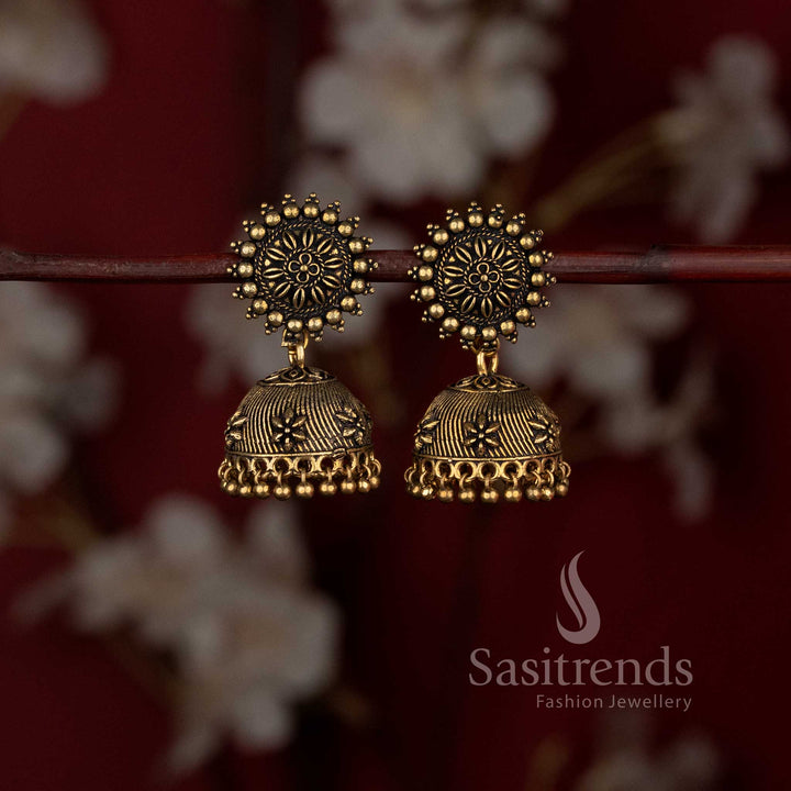 Traditional tribal style oxidised sunburst stud jhumka earrings with ghungroo drops - Sasitrends