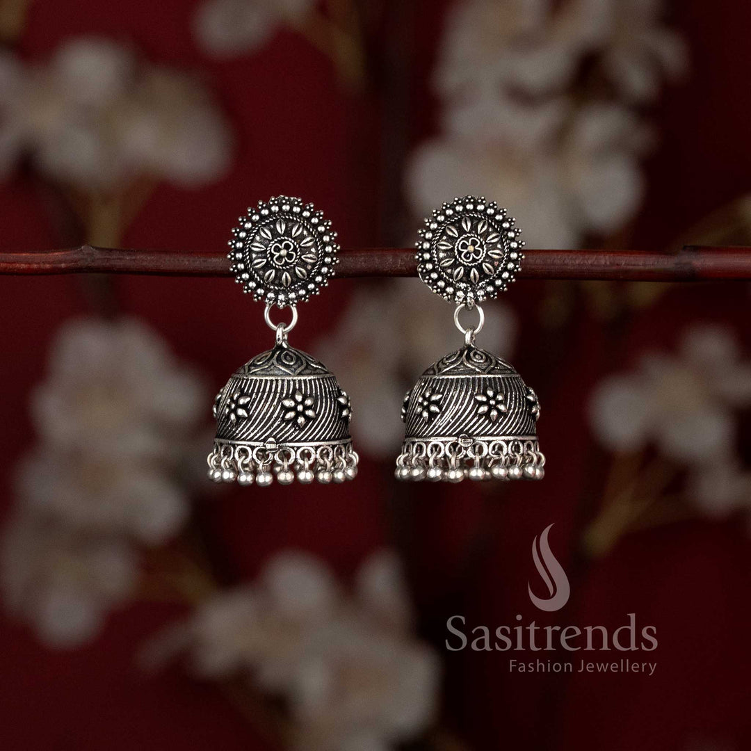 Oxidised Sunburst Floral Stud Textured Dome Jhumka Earrings - Sasitrends