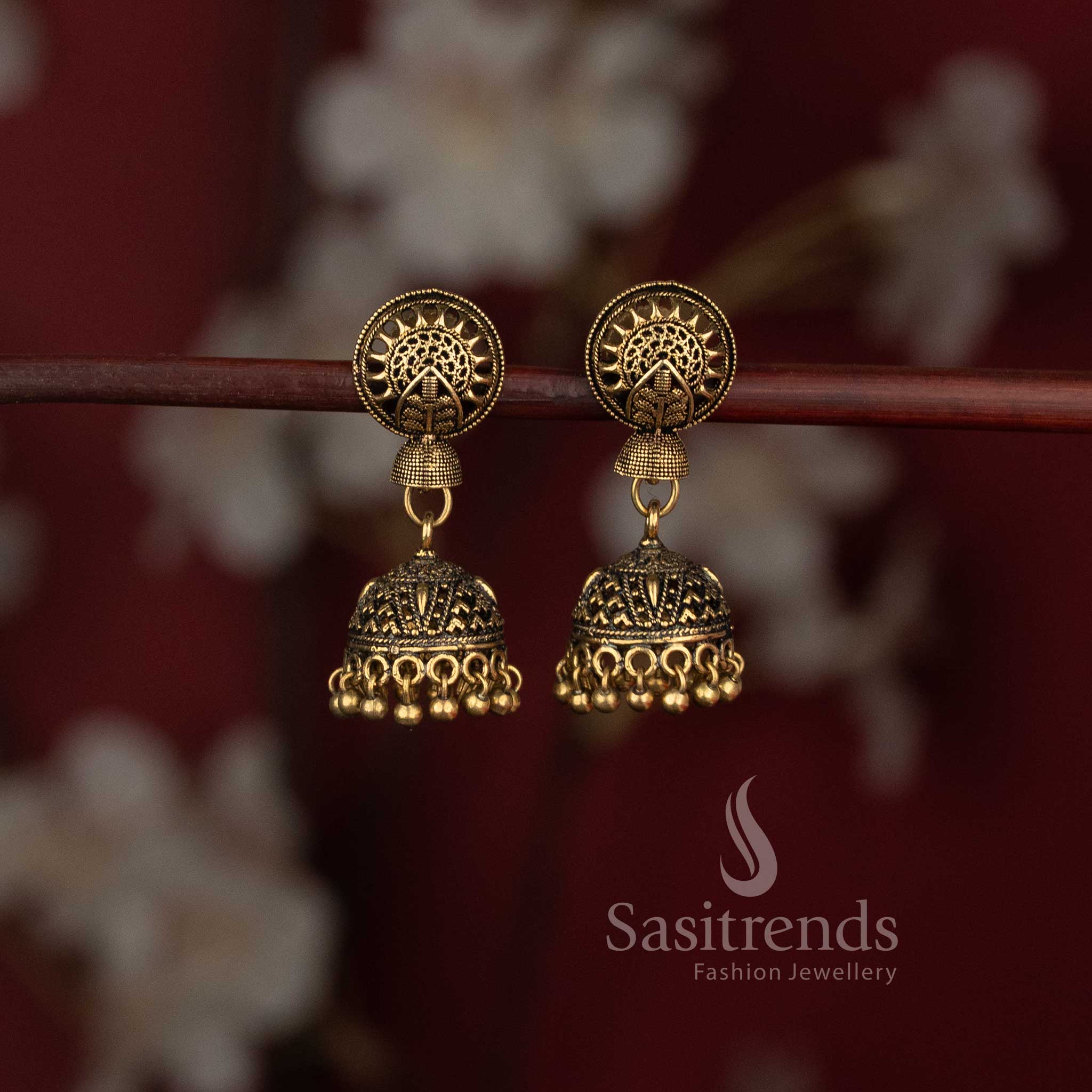 Traditional tribal style oxidised wheel stud jhumka earrings with ghungroo drops - Sasitrends