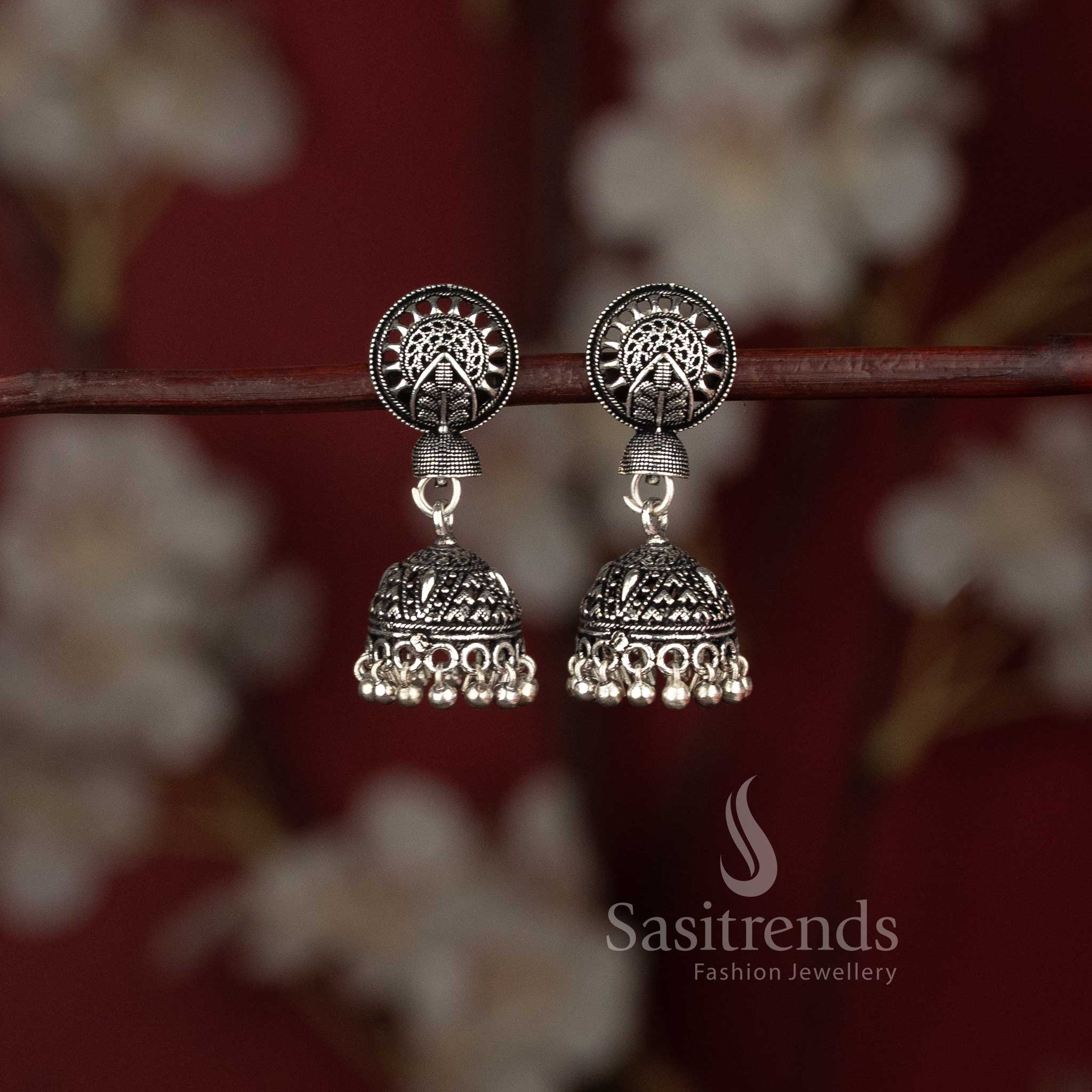 Traditional tribal style oxidised wheel stud jhumka earrings with ghungroo drops - Sasitrends