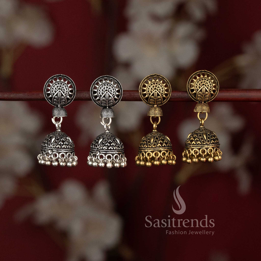 Oxidised Wheel Motif Stud Dome Jhumka Combo Jewellery Set - Sasitrends