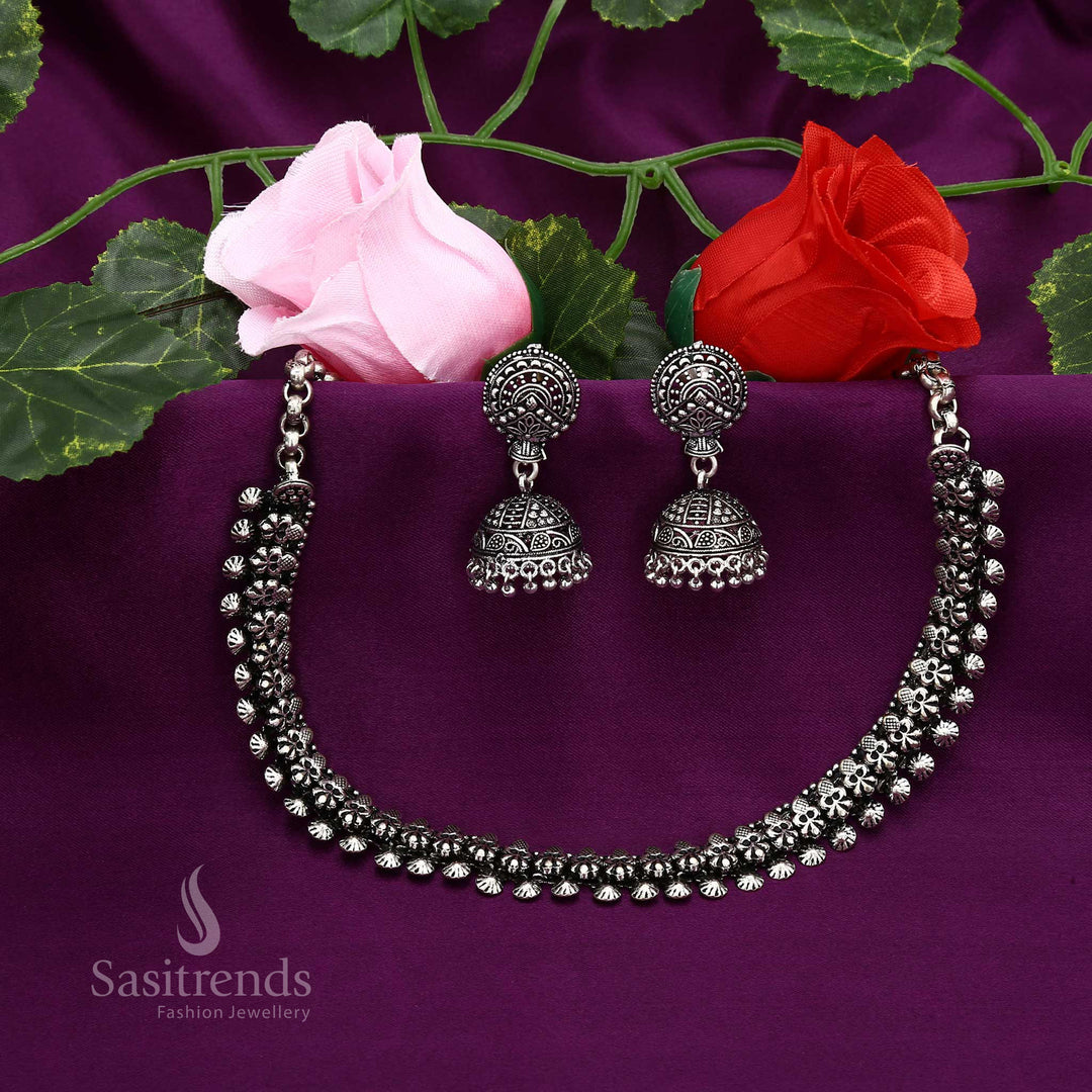 Ethnic essence fancy oxidised German silver necklace with carved pendant design and traditional jhumka earrings – rich cultural style jewellery – Sasitrends