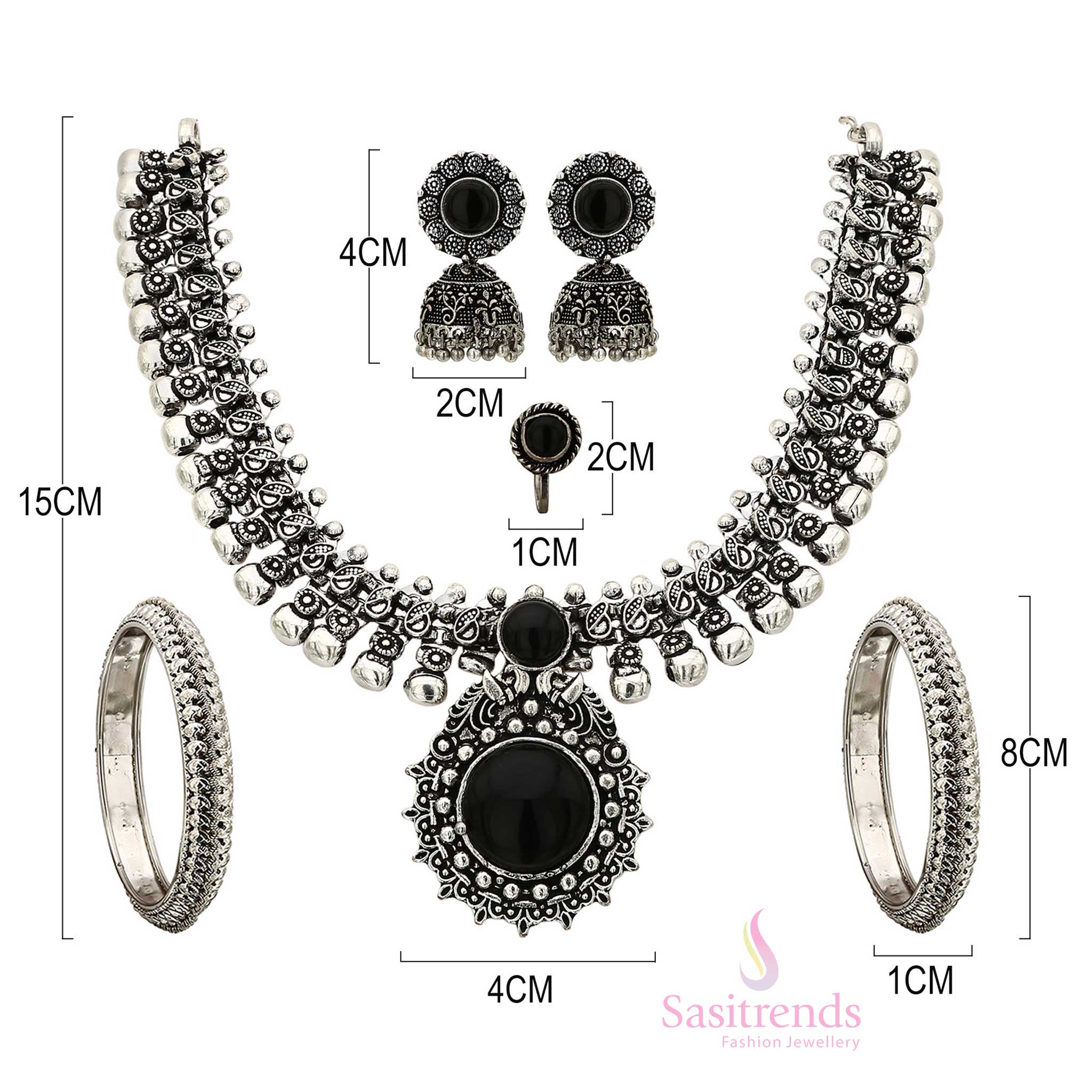 Oxidised Necklace , Earrings and bangles measurement image - Sasitrends