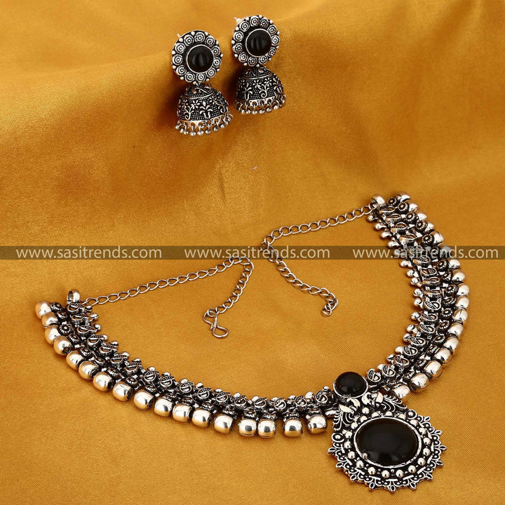 Oxidised Black Stone Studded Navarathiri Special Jewellery Set