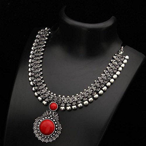 Oxidised Peacock Designer Red Stone Studded Jewellery