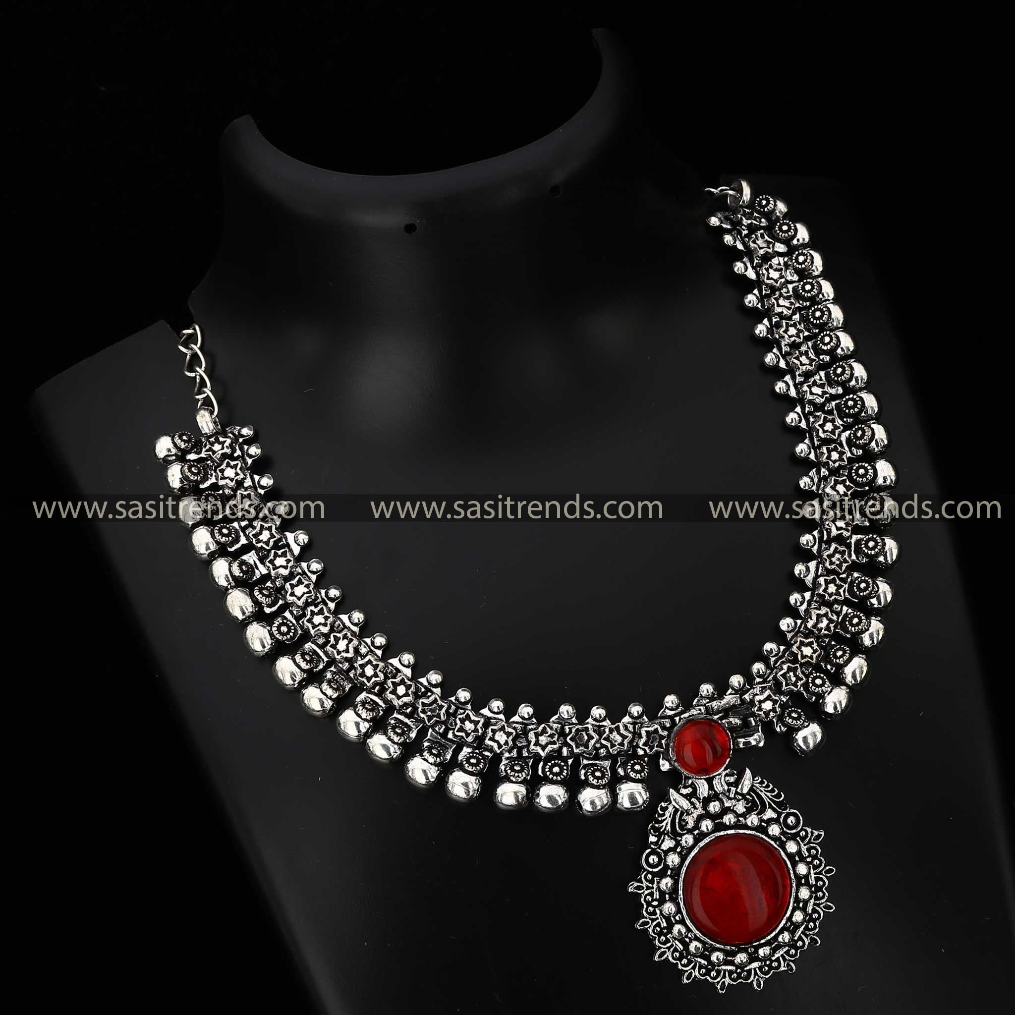 Latest Oxidised Peacock Designer Maroon Stone Choker Necklace Sasitrends