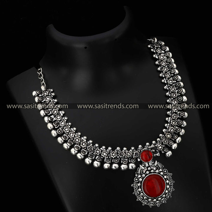 Latest Oxidised Peacock Designer Maroon Stone Choker Necklace Sasitrends
