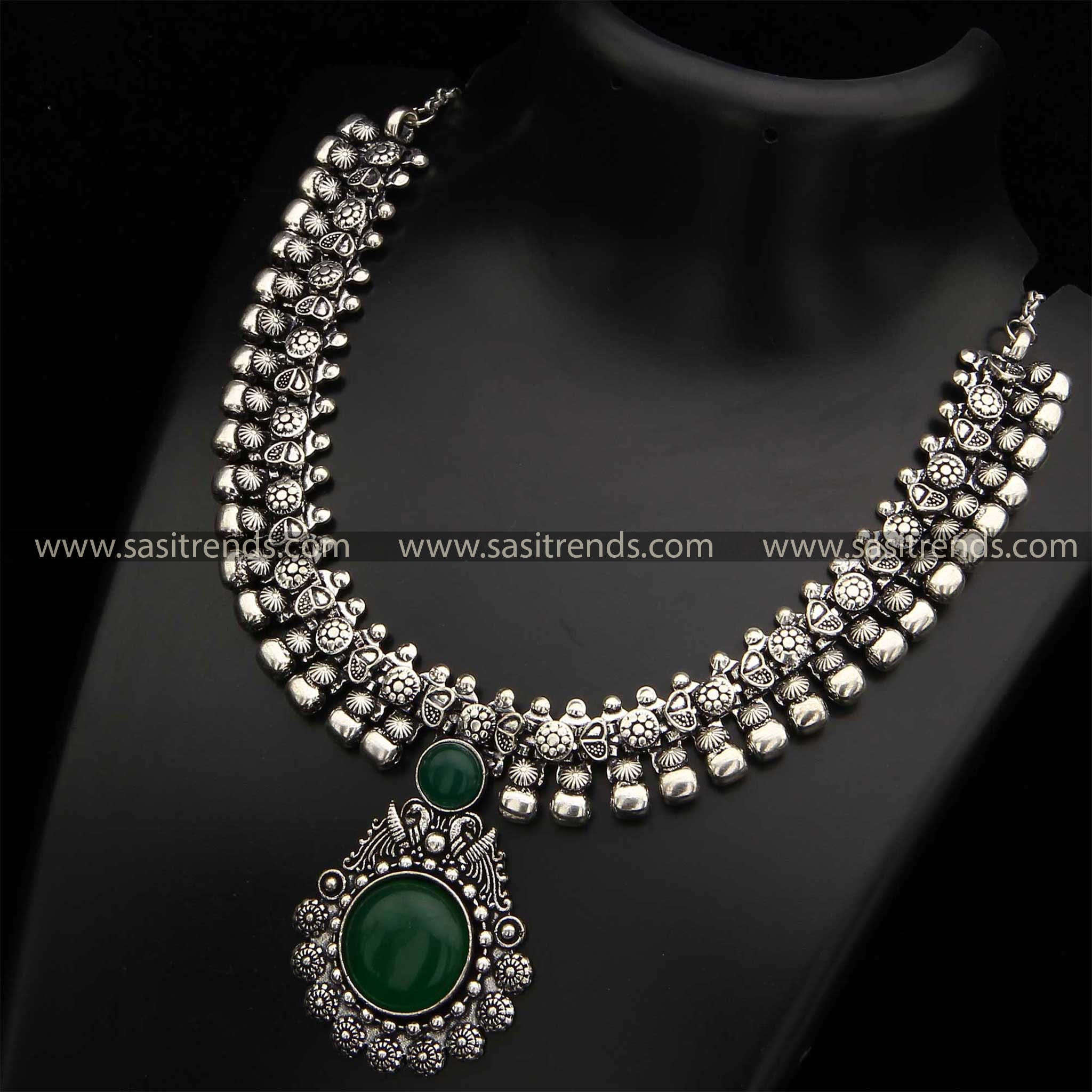 Oxidised Peacock Designer Green Stone Motif Pendant Choker Necklace