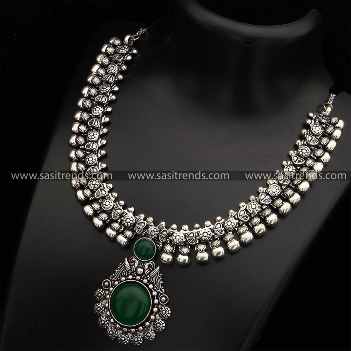 Oxidised Peacock Designer Green Stone Motif Pendant Choker Necklace
