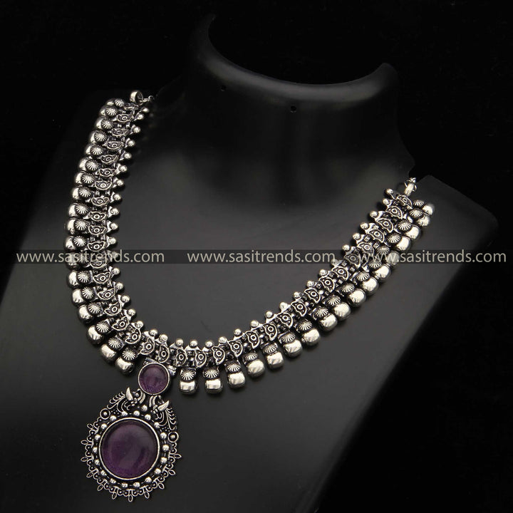 Latest Oxidised Peacock Designer Violet Stone Pendant Necklace Sasitrends Online Shopping