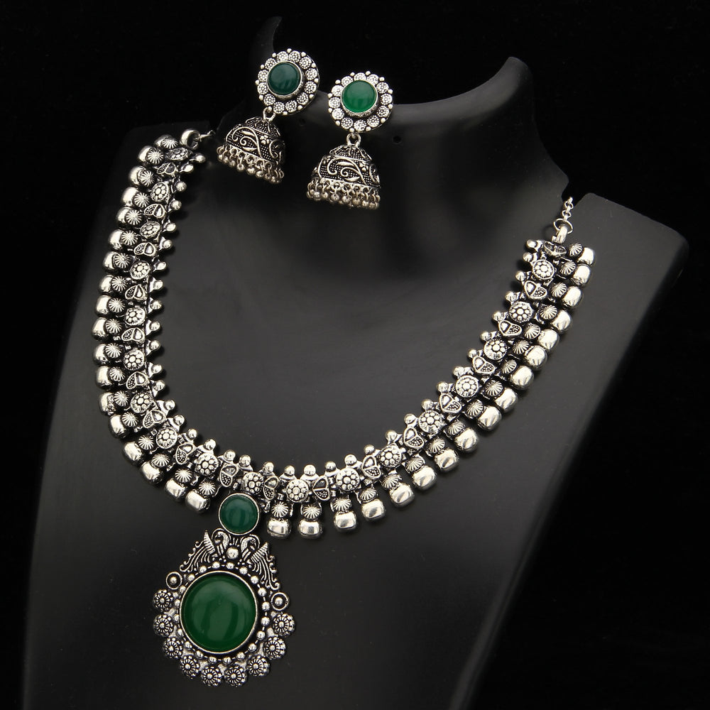 Oxidised German Silver Necklace Navarathna Jewellery Set