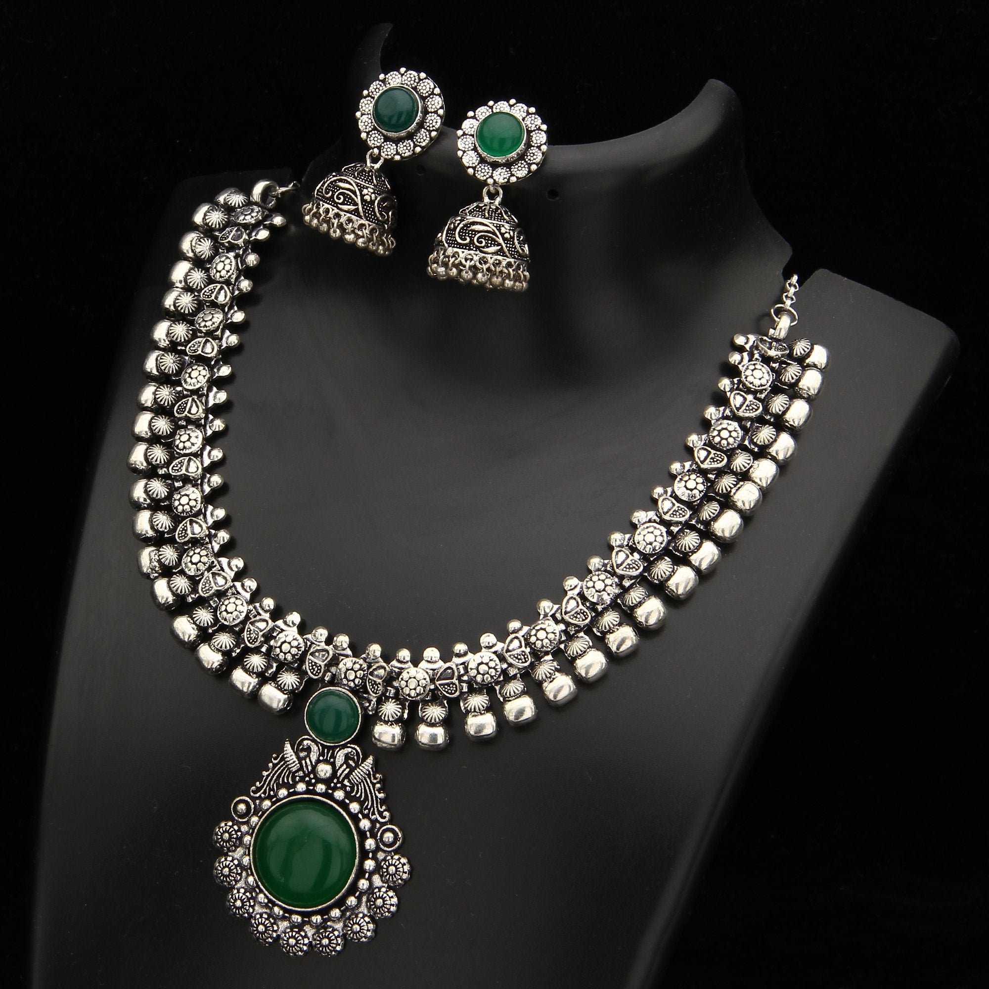 Oxidised German Silver Necklace Navarathna Jewellery Set