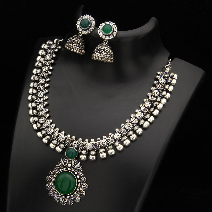 Oxidised German Silver Necklace Navarathna Jewellery Set