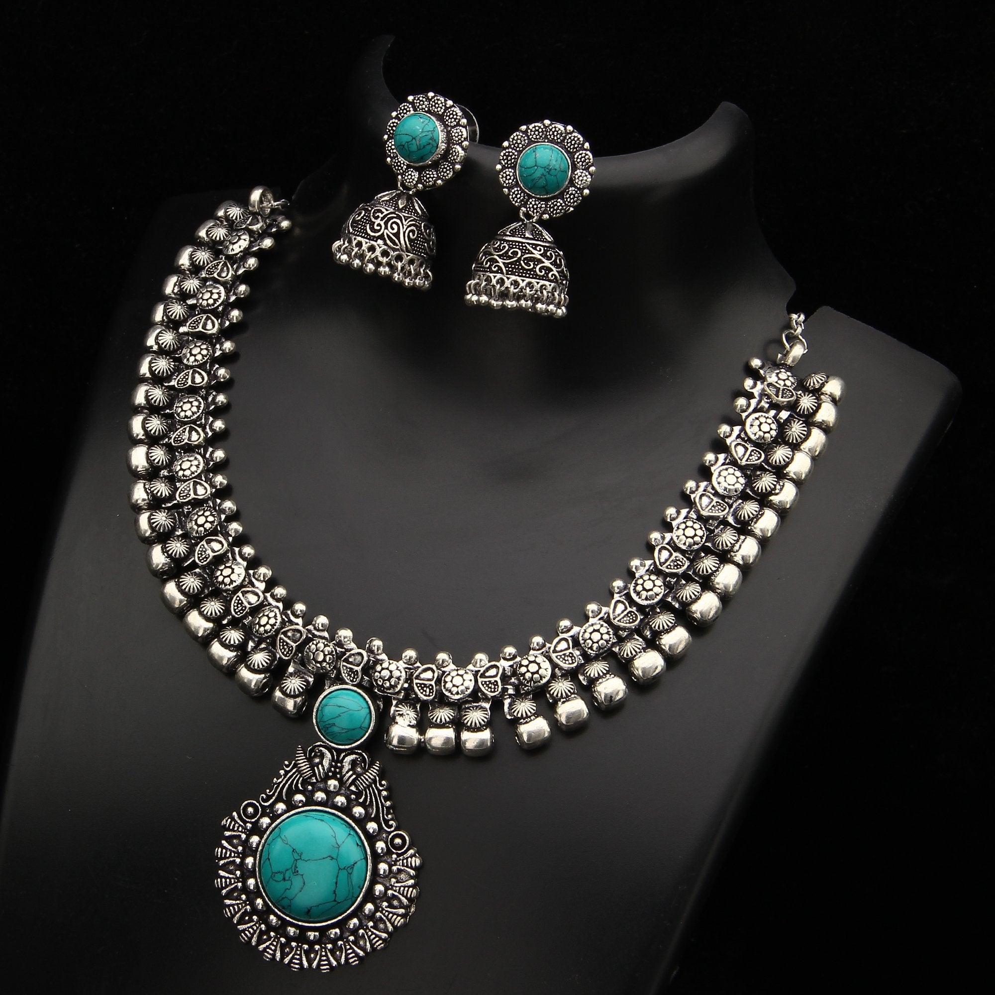 Oxidised German Silver Necklace Navarathna Jewlelery Set