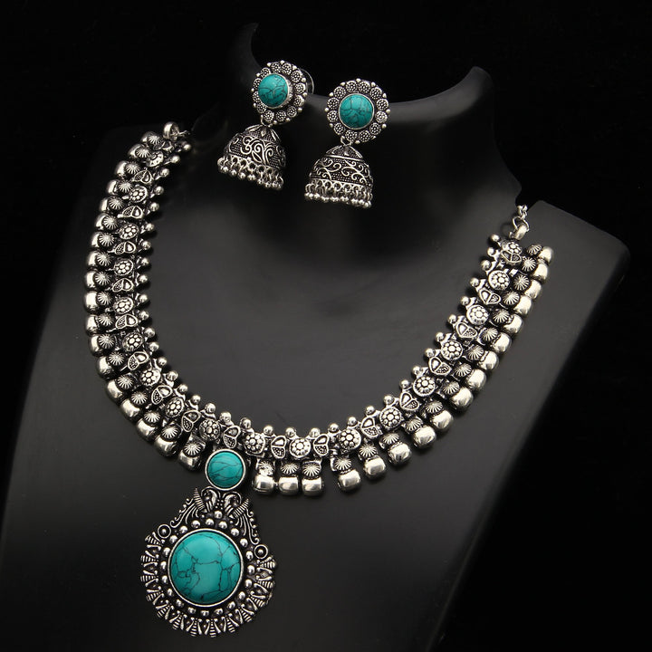 Oxidised German Silver Necklace Navarathna Jewlelery Set