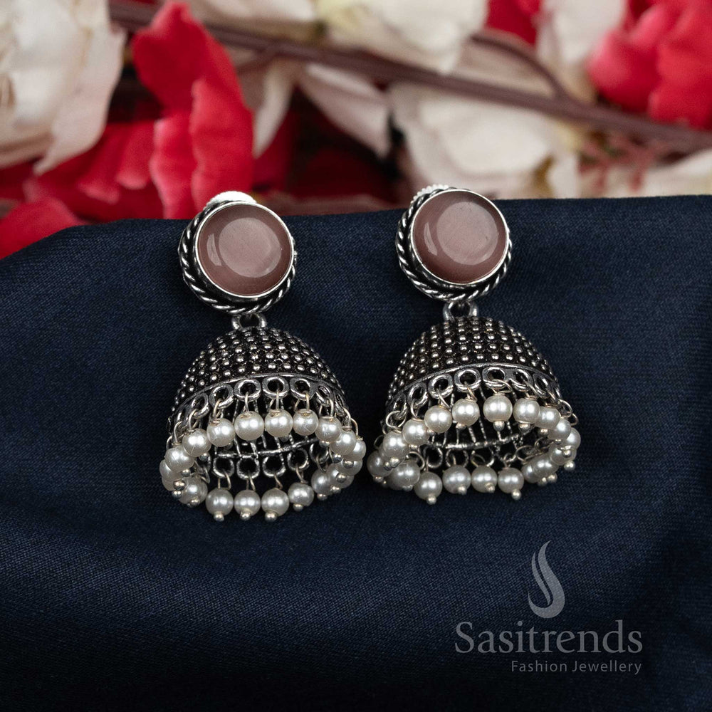 Earthy oxidised brown pearl beaded Jhumka earrings paired with smooth round stud tops – vintage-inspired ethnic jewellery for cultured women – Sasitrends