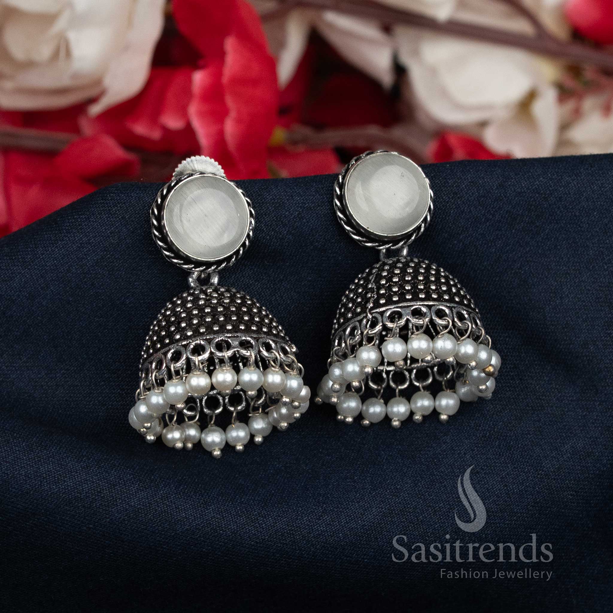 Elegant oxidised white Jhumka earrings detailed with soft pearl beading and delicate round tops – bridal traditional jewellery perfect for weddings and poojas – Sasitrends