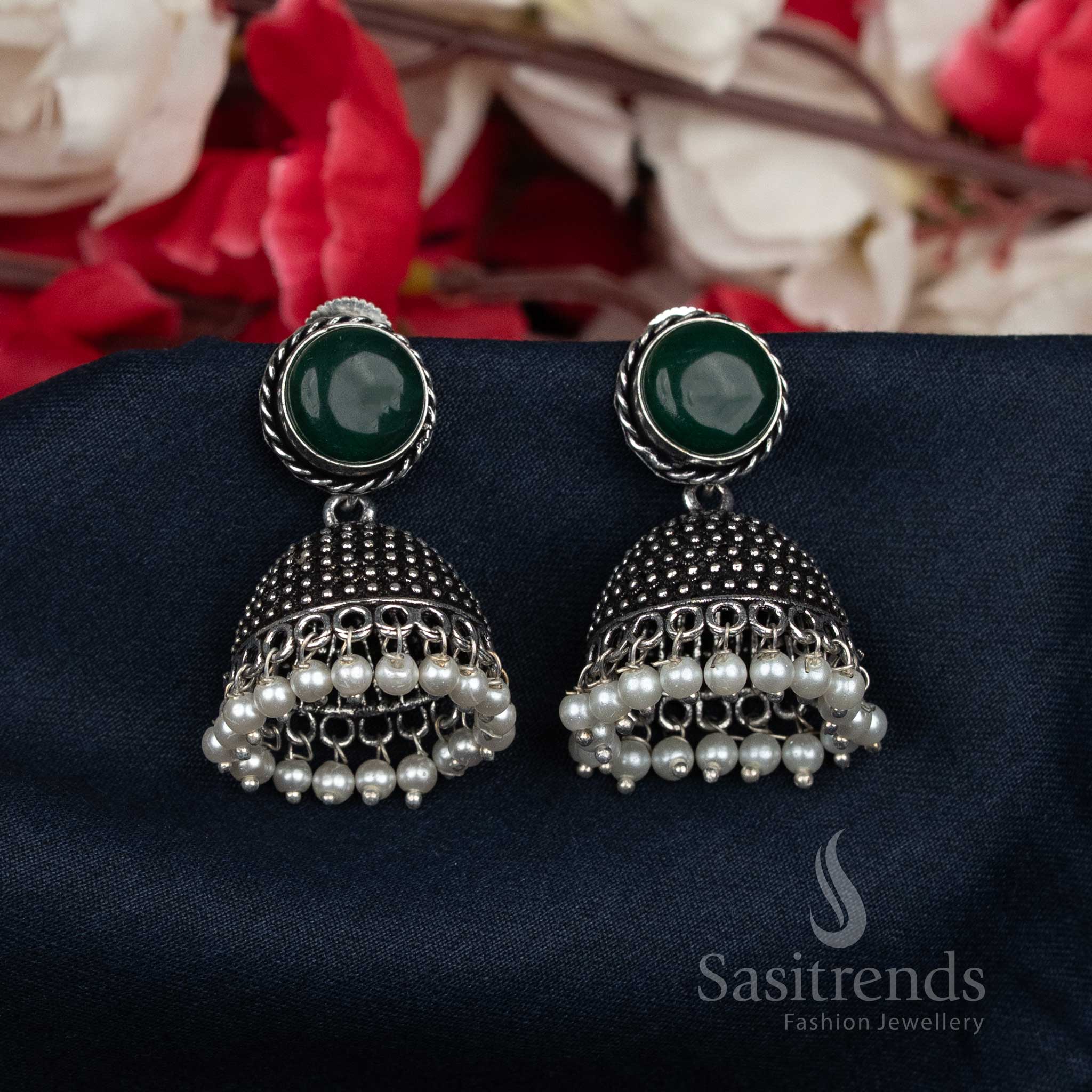 Graceful oxidised green Jhumka earrings with pearl bead hangings and classic round stud tops – a stunning choice for traditional festive wear – Sasitrends