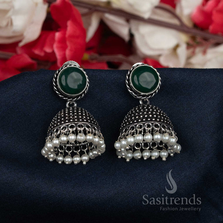 Graceful oxidised green Jhumka earrings with pearl bead hangings and classic round stud tops – a stunning choice for traditional festive wear – Sasitrends