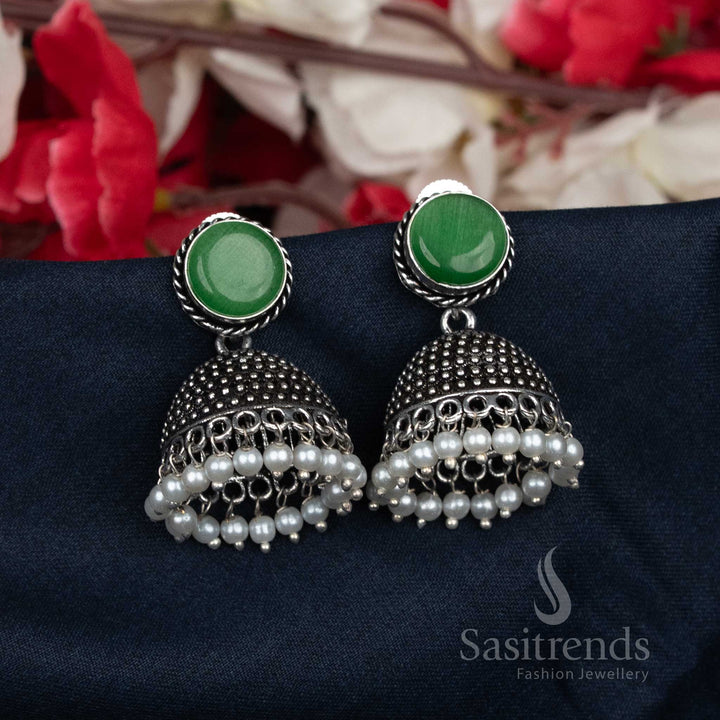 Refreshing oxidised light-green Jhumka earrings featuring delicate pearl beading and subtle round studs – cultural handcrafted jewellery ideal for festive occasions – Sasitrends