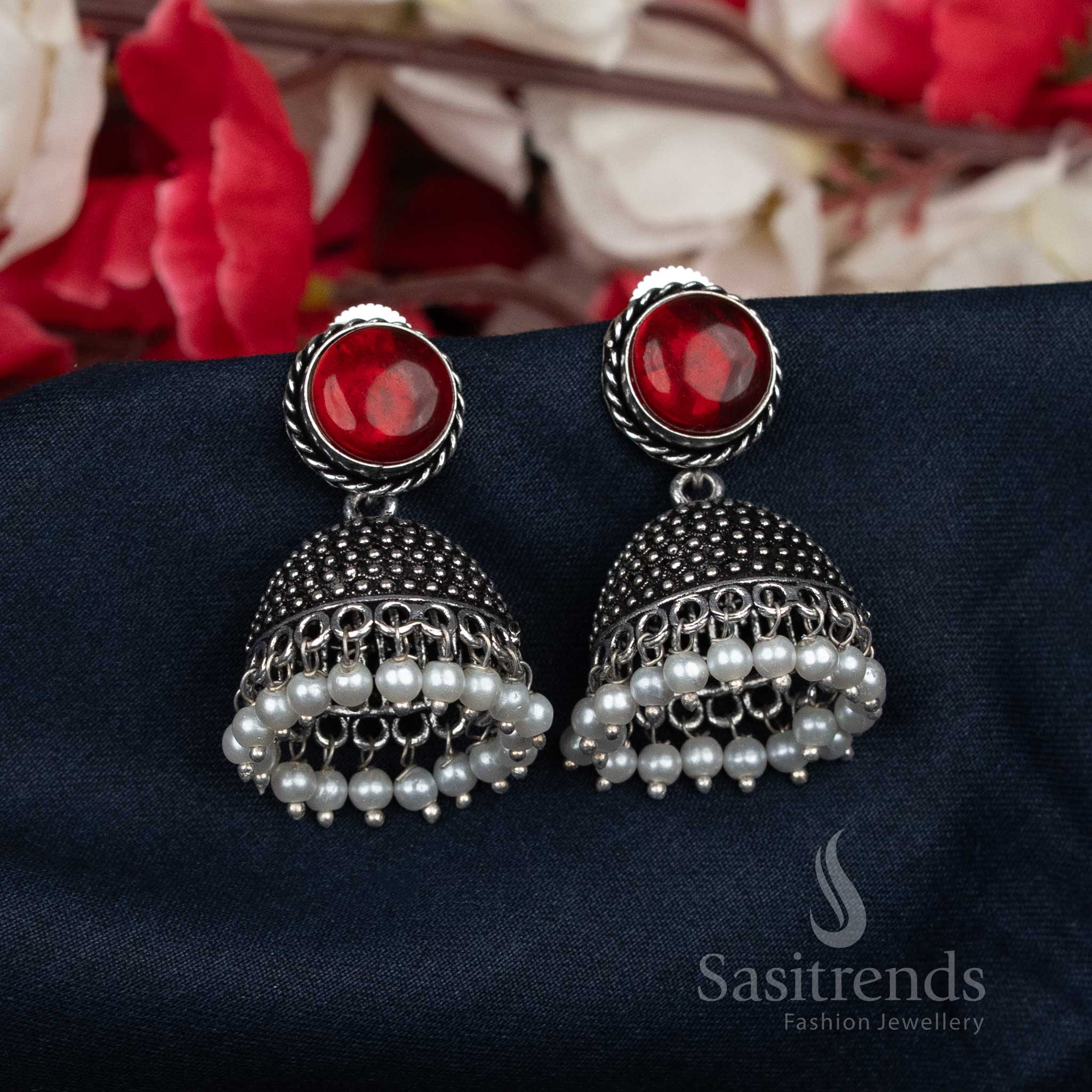 Vibrant oxidised red pearl-beaded Jhumka earrings featuring rounded stud tops – festive fashion jewellery for showcasing classic traditional charm – Sasitrends