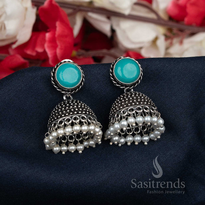Oxidised Pearl Beaded Jhumka Earrings with Round Studs - Cultural Handcrafted Jewellery - Sasitrends - Sasitrends