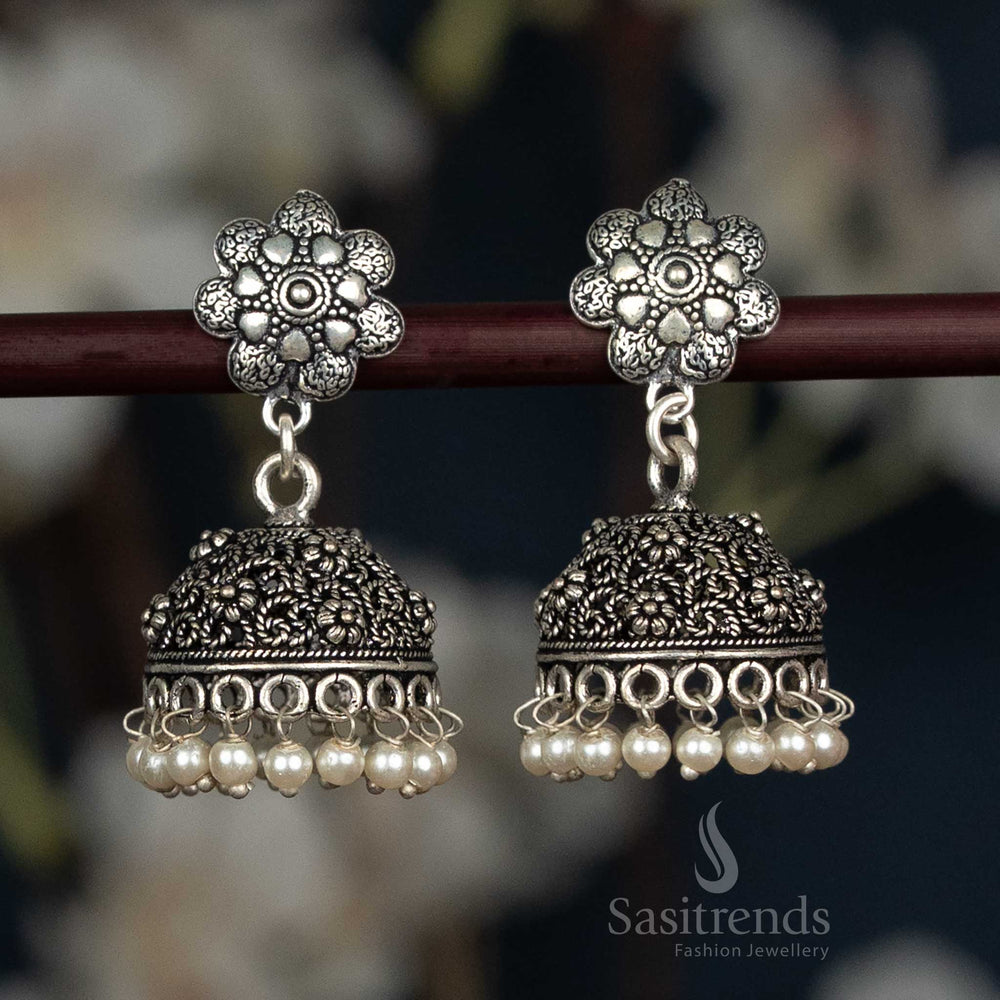 Elegant German Silver Oxidised Floral Jhumka Earrings With Leaf-Inspired Stud And Textured Dome In White Tone, Designed For Festive Celebrations And Cultural Events – Sasitrends