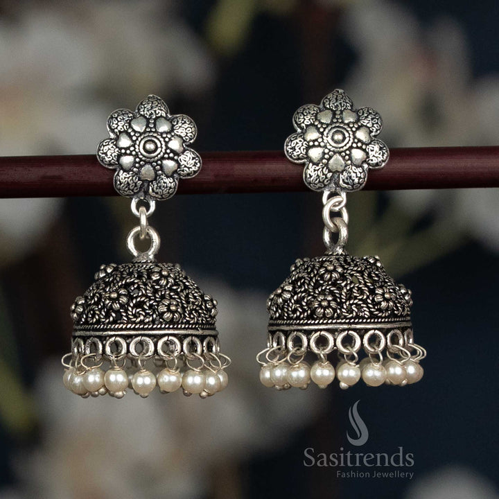 Elegant German Silver Oxidised Floral Jhumka Earrings With Leaf-Inspired Stud And Textured Dome In White Tone, Designed For Festive Celebrations And Cultural Events – Sasitrends