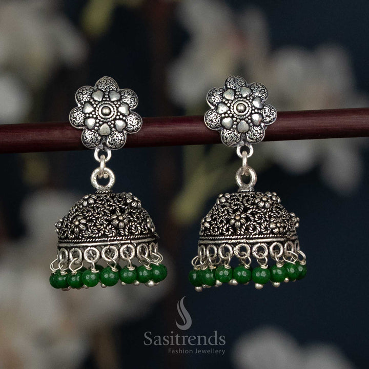 Rustic German Silver Oxidised Jhumka Earrings Featuring Floral Stud And Beaded Fringe In Green Tone, A Perfect Pair For Artistic Ethnic Styling And Saree Looks – Sasitrends