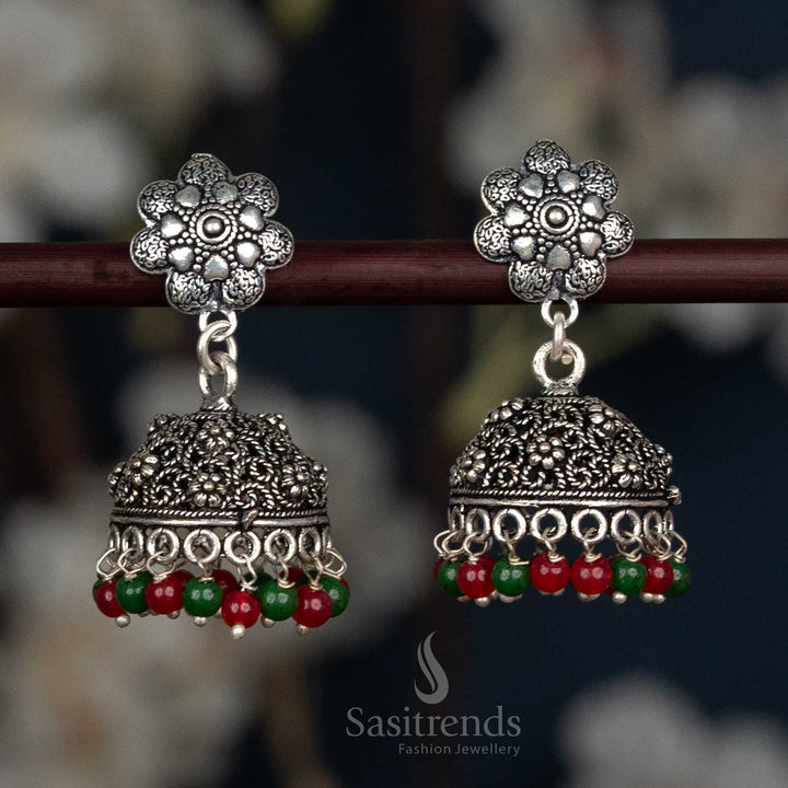 Vintage Inspired Oxidised Floral Jhumka Earrings With Red-Green Dual Colour Accents And Beaded Hangings, Perfect For Cultural Festivals And Ethnic Saree Styling – Sasitrends