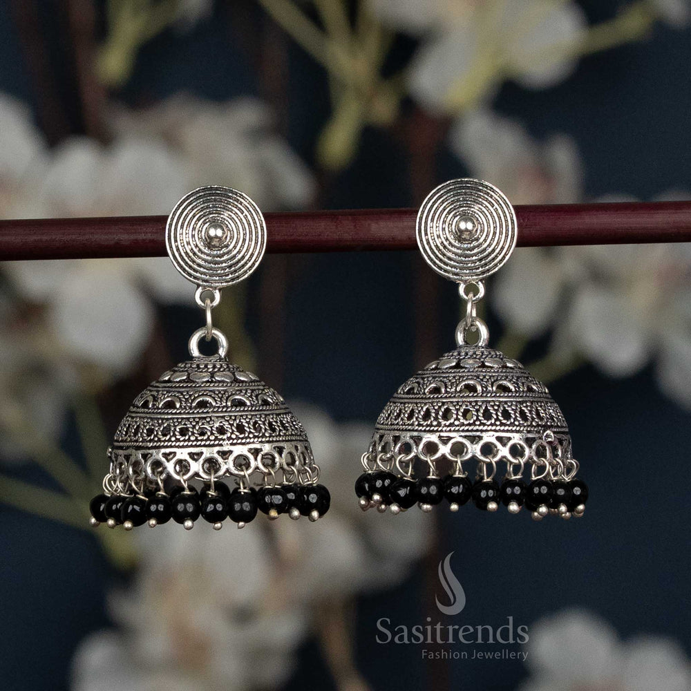 Classic Oxidised Silver Jhumka Earrings With Spiral Stud Pattern And Red Beads In Black Shade, Perfect For Cultural Events And Everyday Ethnic Styling – Sasitrends