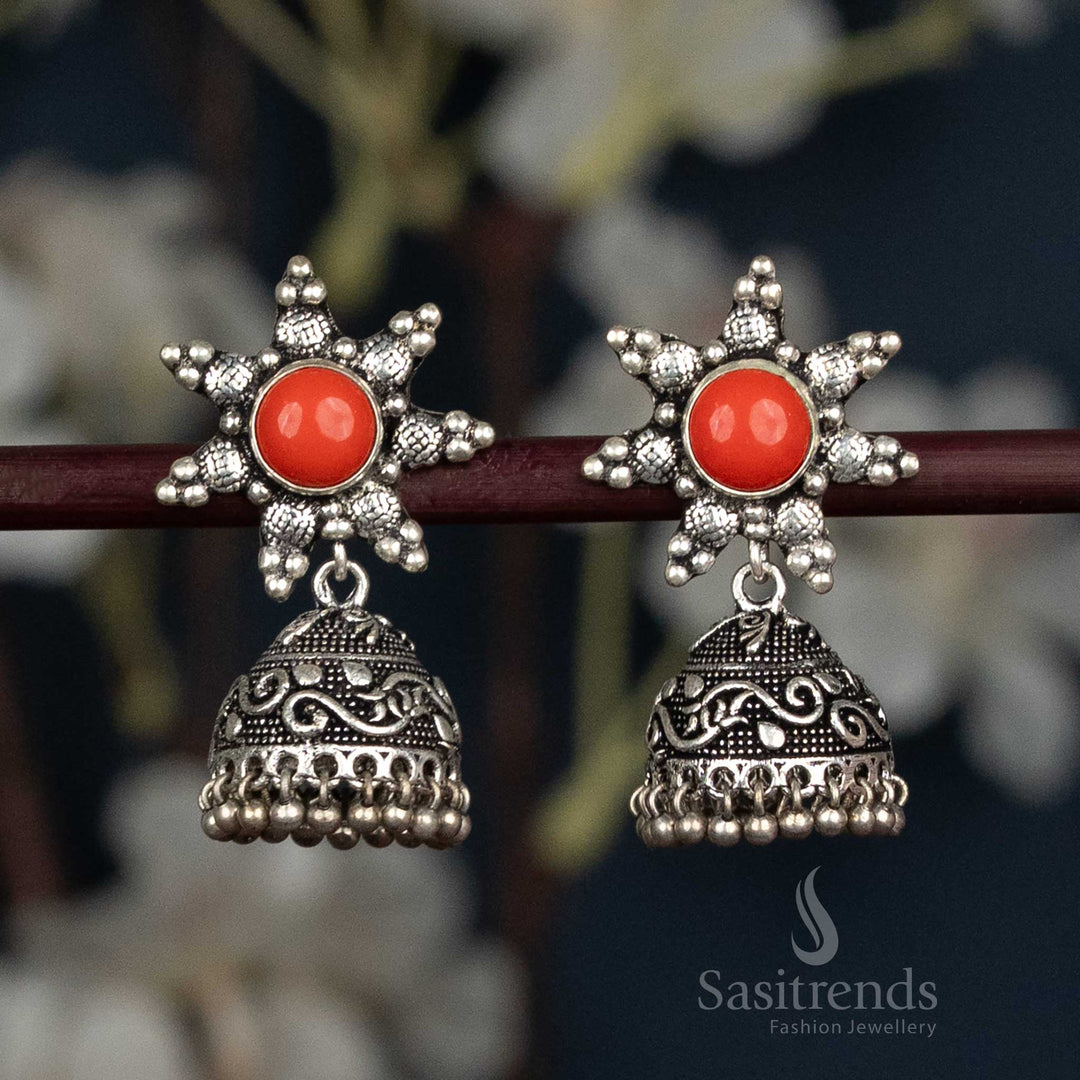 Latest Oxidised Silver Jhumka Earrings With Intricate Engravings And Red Bead Fringe, A Traditional Handcrafted Jewellery Piece Perfect For Sarees And Festive Wear – Sasitrends