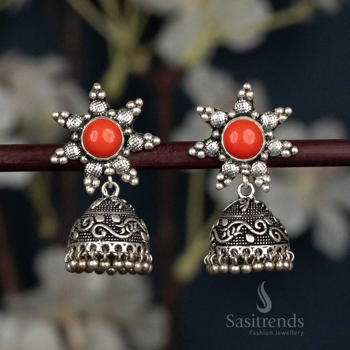 Oxidised Star Stud Jhumka Earrings with Engraved Dome and Ball Fringe - Sasitrends
