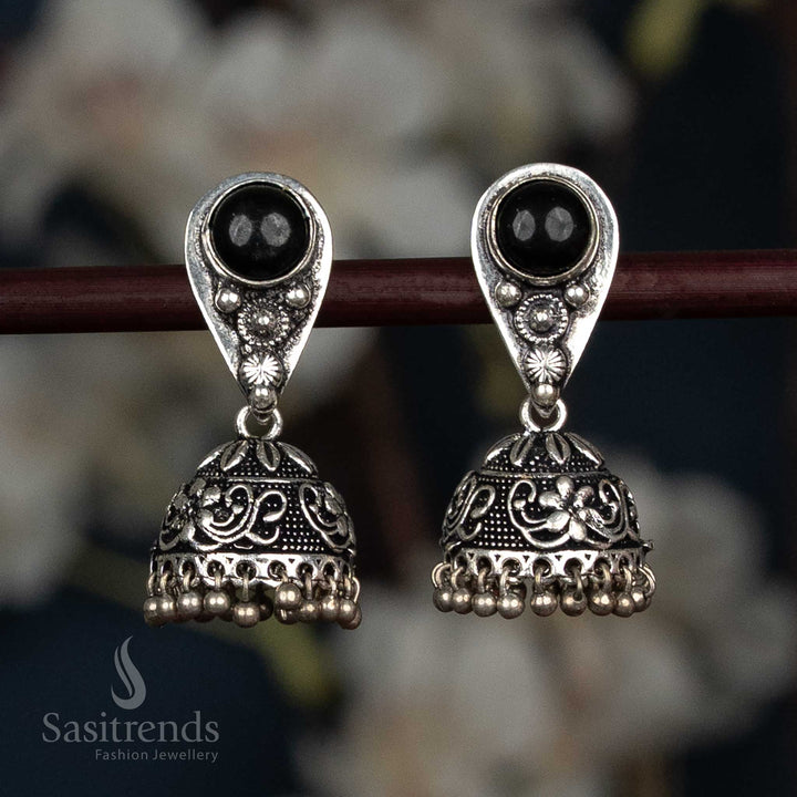 Rustic Oxidised Silver Jhumka Earrings Featuring Teardrop Stud, Floral Dome, And Black Beads Designed For Trendy Ethnic Wear And Party Styling – Sasitrends