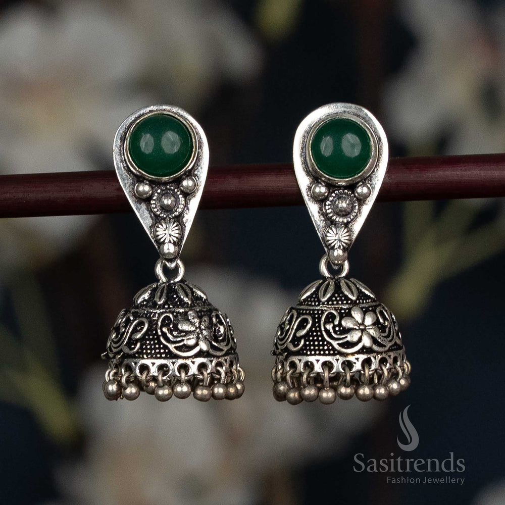 Oxidised Silver Jhumka Earrings Featuring Teardrop Stud, Artistic Floral Dome, And Green Beads, Designed For Elegant Festive And Ethnic Wear – Sasitrends