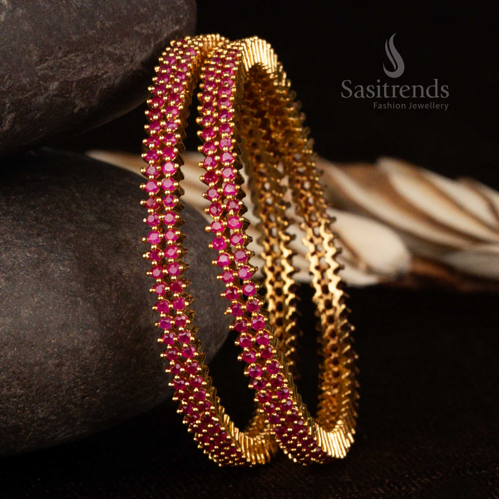 Beautiful ruby American diamond two-line micro gold plated bangles with exquisite shine and timeless appeal for vibrant Indian celebrations by Sasitrends

