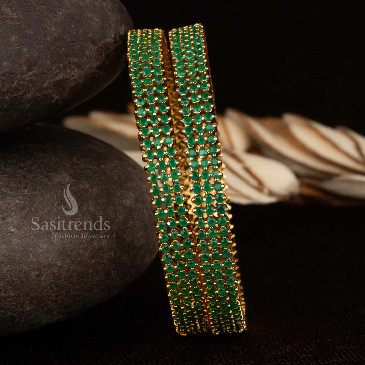Classic green three-row American Diamond bangles with micro gold polish and bold ethnic finish – traditional guaranteed jewellery set for timeless festivities by sasitrends