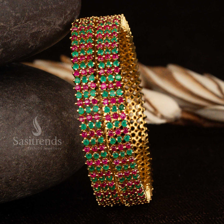 Traditional ruby-green triple line bangles with 1-year guaranteed micro gold coating and intricate festive charm – a timeless AD jewellery design by sasitrends