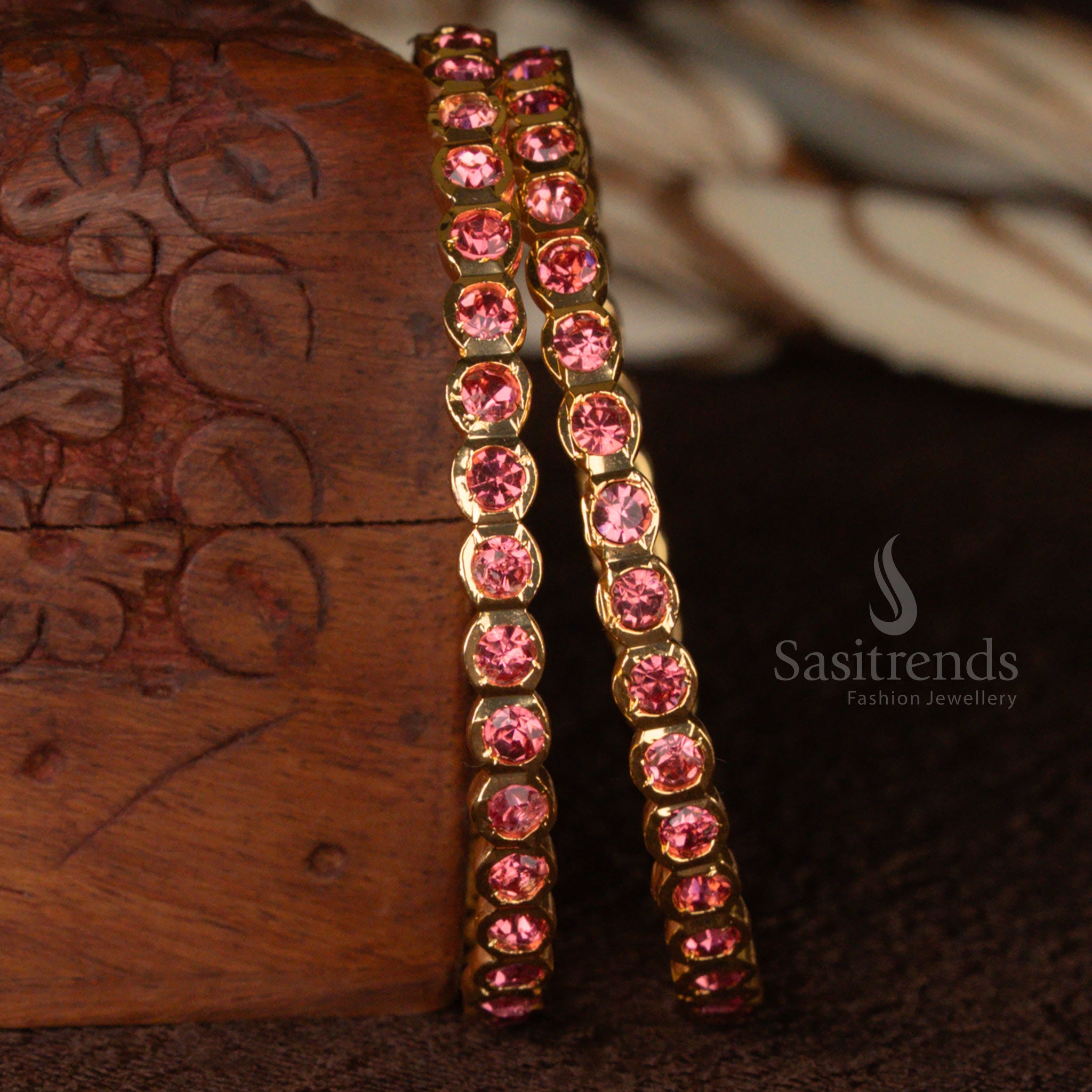 Elegant micro gold plated para stones Impon bangles for women, designed with a dusty rose sheen and an ornate handcrafted pattern, perfect for special occasions - Sasitrends