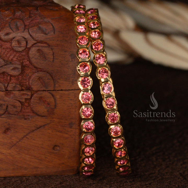 Elegant micro gold plated para stones Impon bangles for women, designed with a dusty rose sheen and an ornate handcrafted pattern, perfect for special occasions - Sasitrends