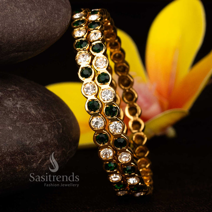 Guaranteed Traditional Micro Gold Plated white green Para Stones Impon Bangles for Women adorned - Sasitrends