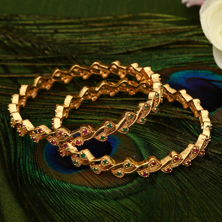 Traditional Wear Micro Gold Plated Ruby Green AD Stone Bagnles