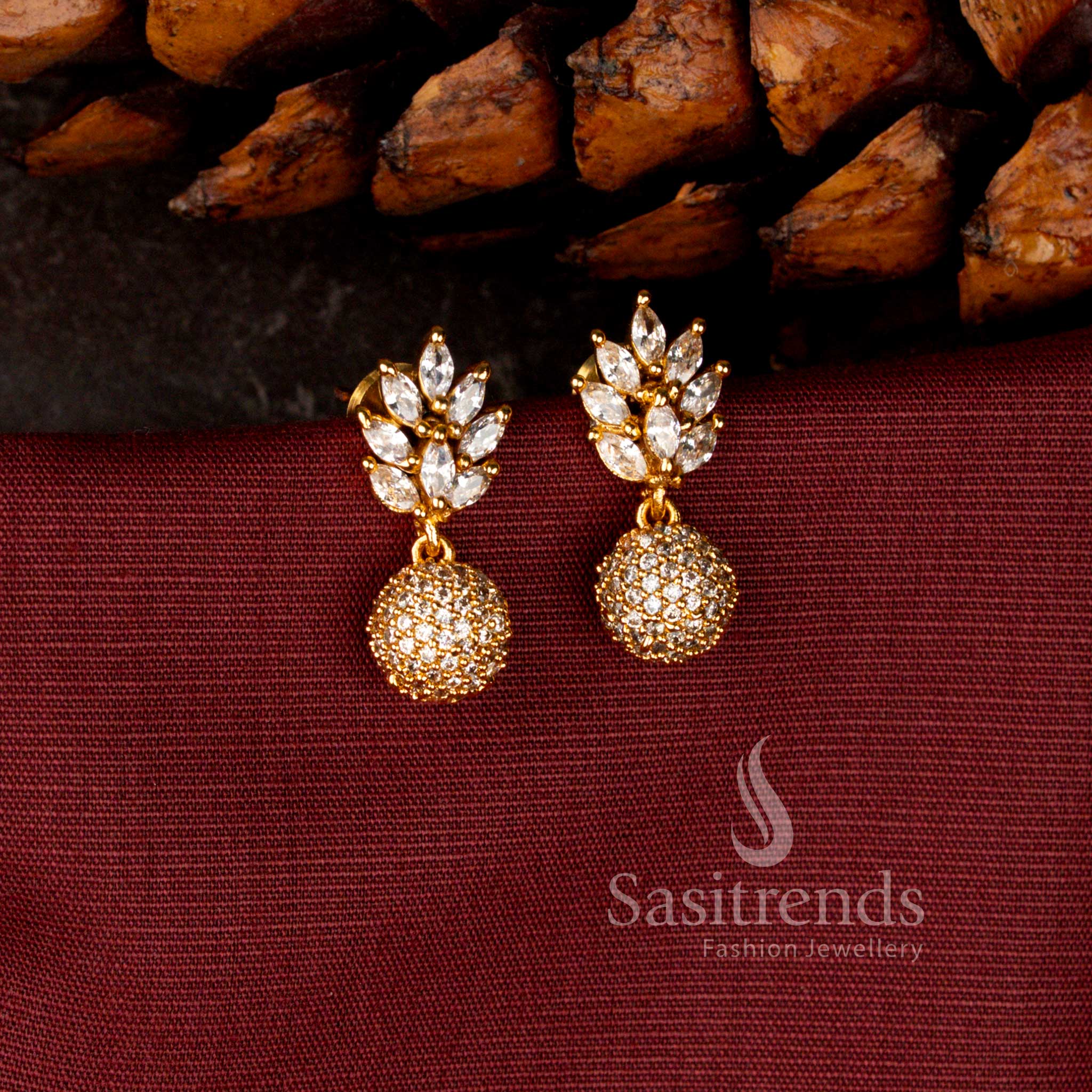 Premium American Diamond Matte Gold Plated Bloom Cluster Stud Earrings with Sparkling White Stones - Sasitrends