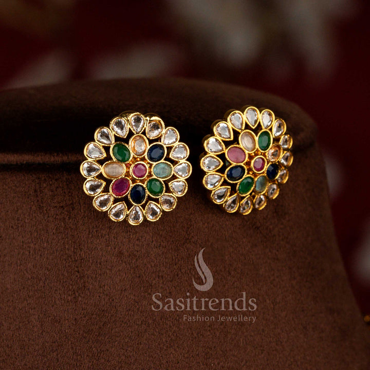 Matte gold plated floral stud earrings crafted with multi colour baguette American diamonds for cultural program wear – Sasitrends