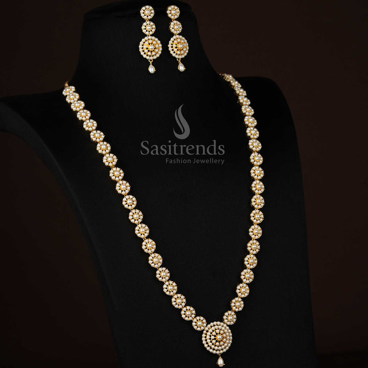 Attractive American Diamond Micro Gold Plated Circular Floral Pearl & Teardrop Long Necklace Set for Party Styling & Evening Outings