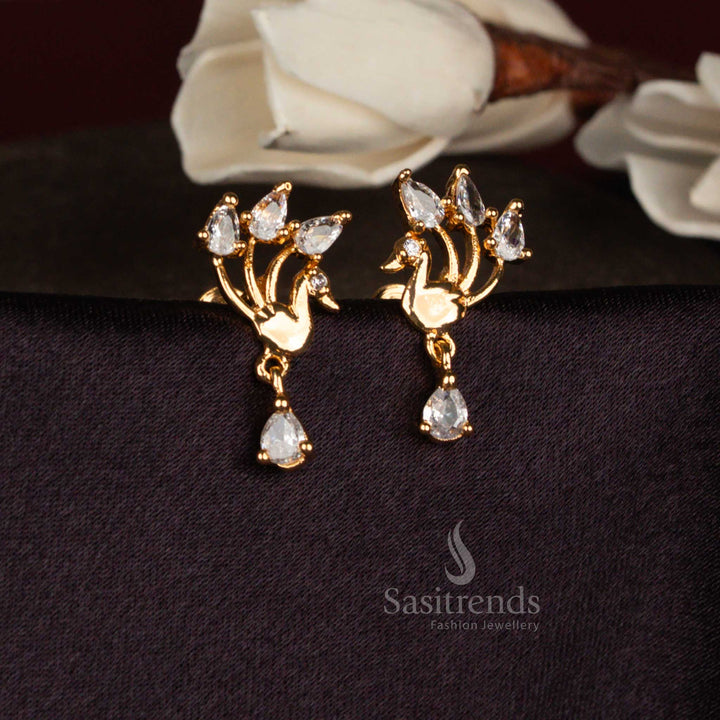 American Diamond Micro Gold Plated Stylized Peacock Teardrop Stud Earrings for Functions, Celebrations & Stylish Outings