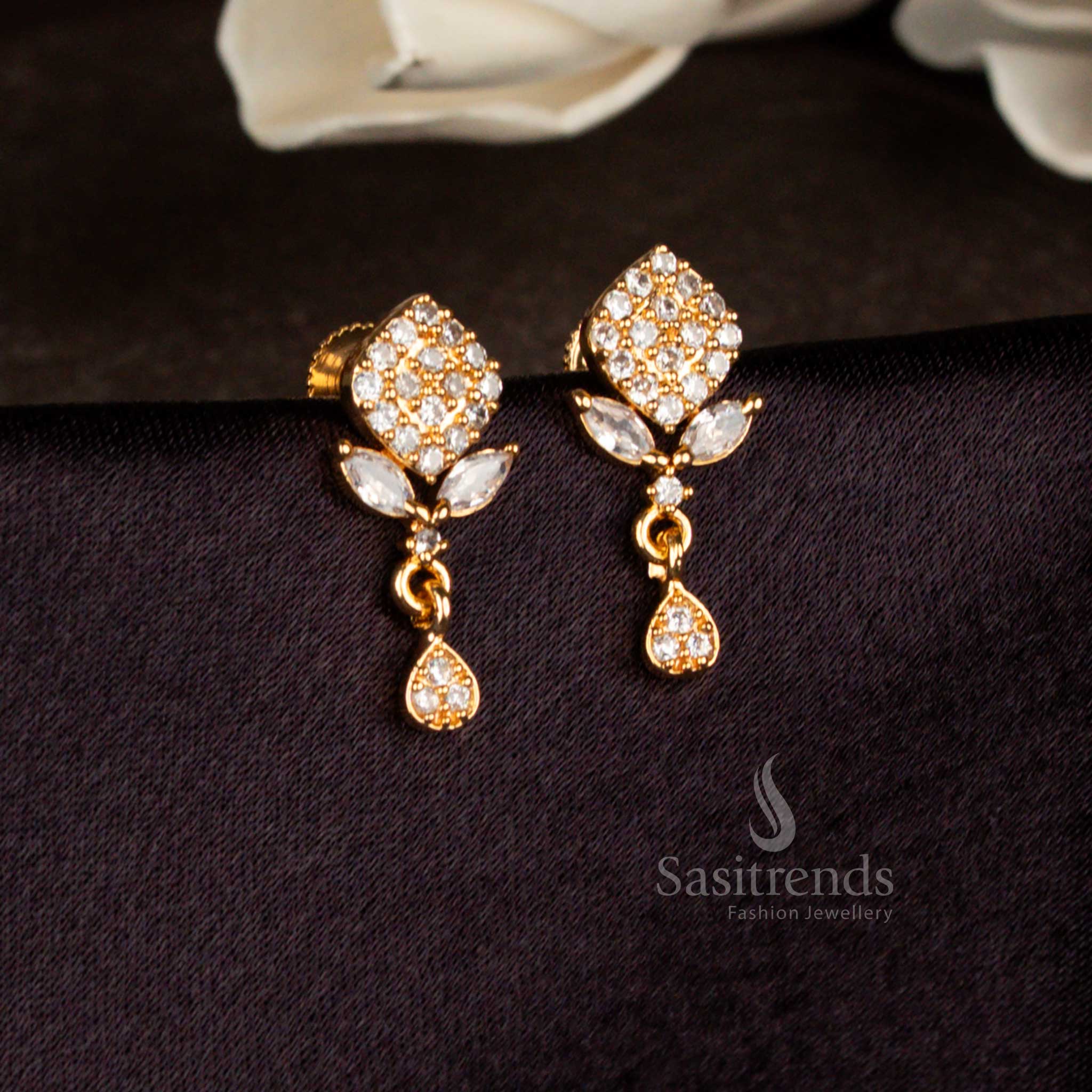 Ivory grace white American diamond micro gold plated tulip floral drop stud earrings perfect for refined celebrations, pooja events, and graceful ethnic wear – Sasitrends