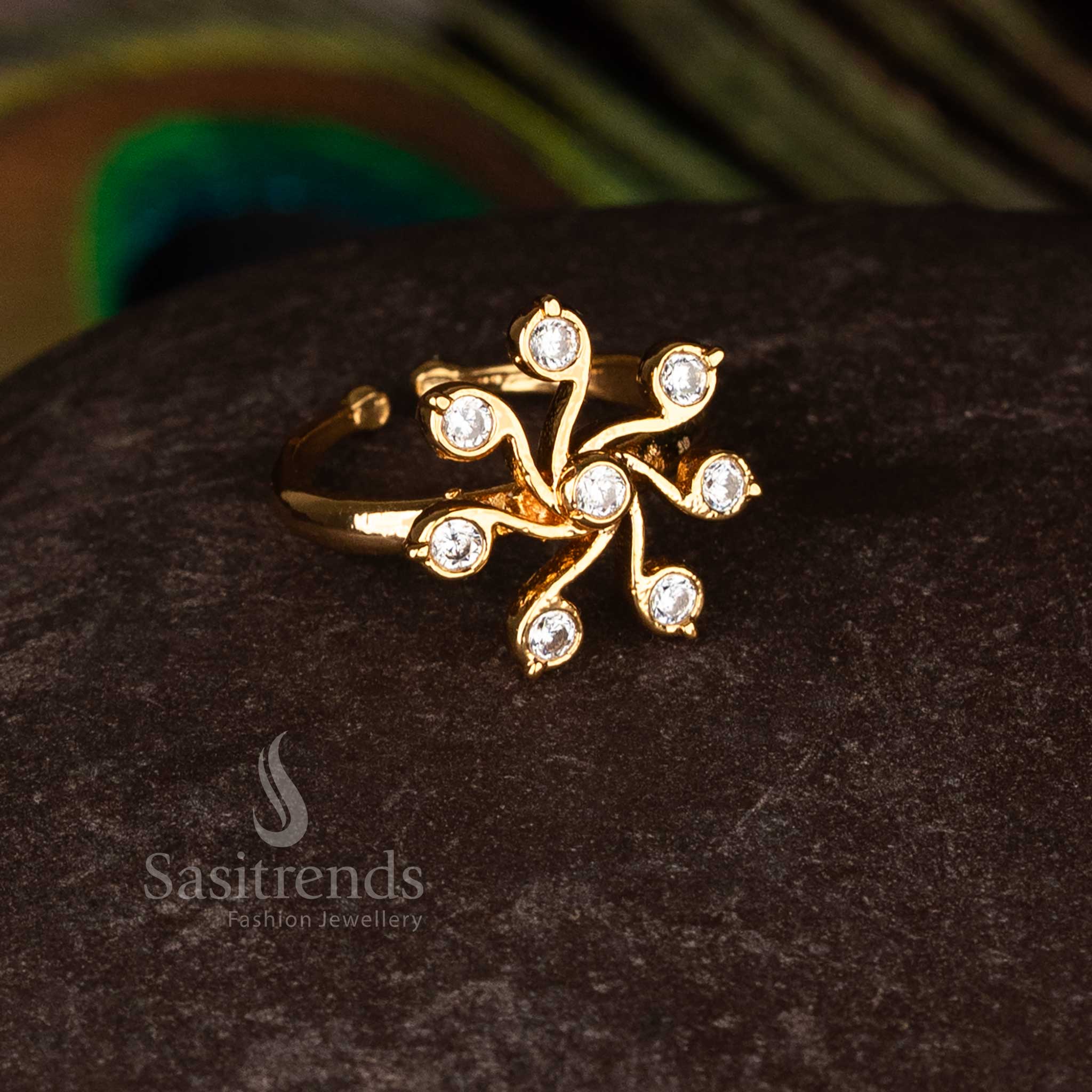 Adjustable Impon Addigai micro gold plated Panchaloha rings with sparkling American Diamond stones for traditional and festive finger wear jewellery – Sasitrends